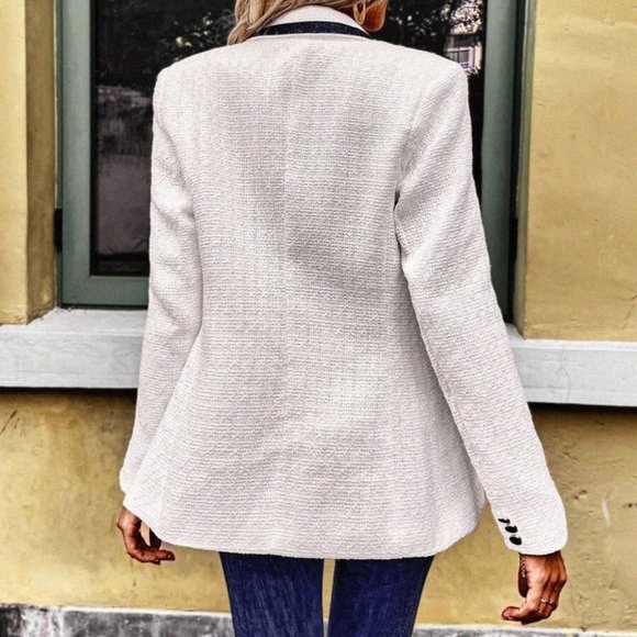 Contrast Trim Lapel Neck Double Breasted Tweed Overcoat - Picture 6 of 7